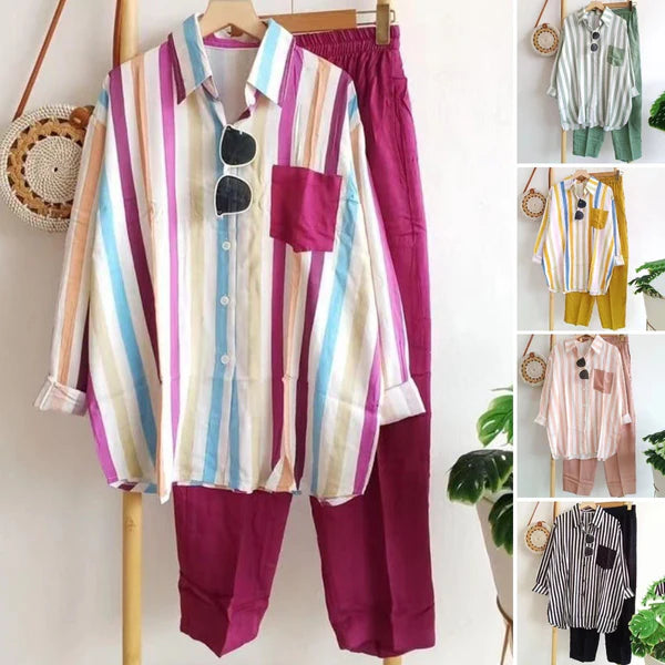 🌸【Tamanhos S-5XL】Novo conjunto listrado de primavera, conjunto de duas peças com mangas compridas e calças.