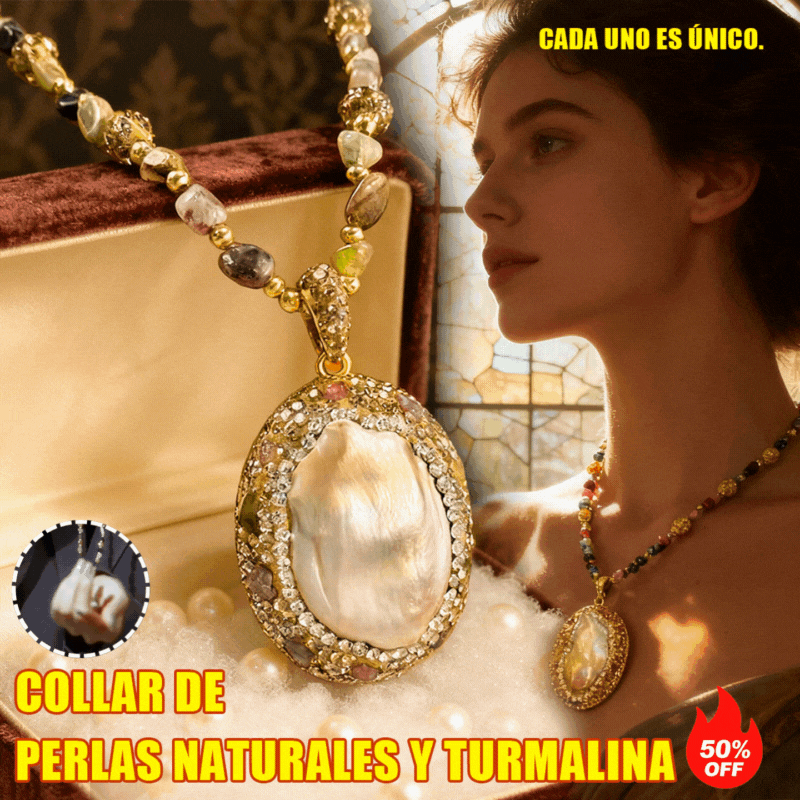 Colar barroco natural de pƩrolas e turmalina.