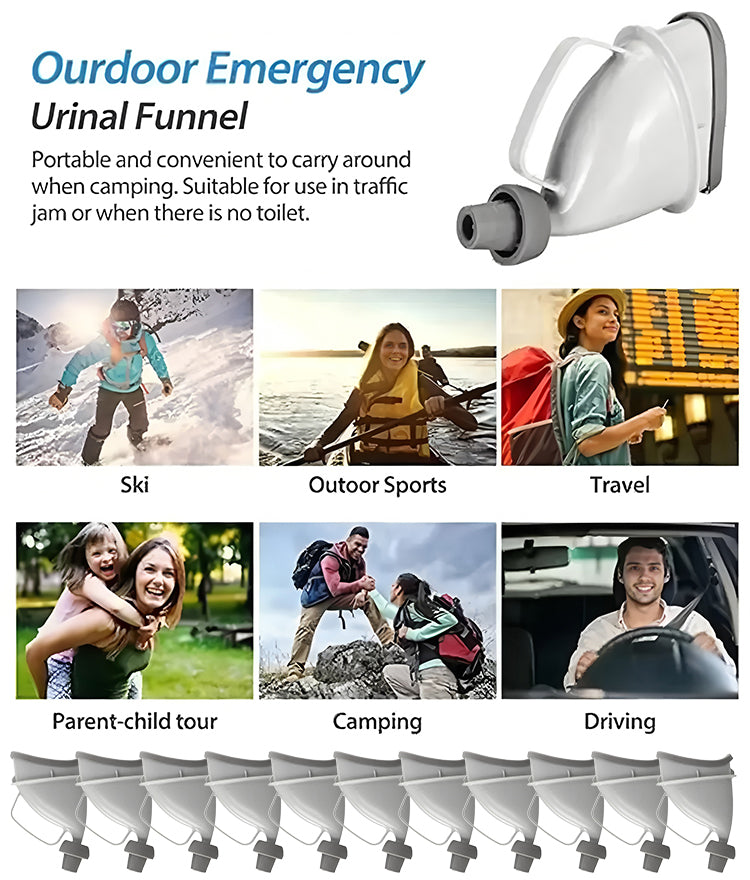 Mictório portátil unissexo para emergências em viagem, com funil para utilização em acampamentos ao ar livre.