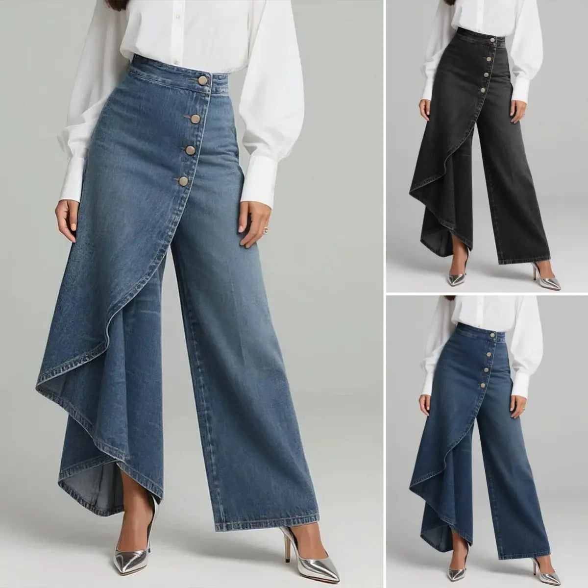đ„đ„ăTamanhos S-3XLăCalças de ganga para mulher de cintura subida e pernas largas, corte largo e design elegante.