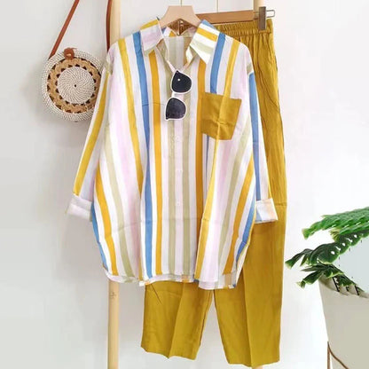 🌸【Tamanhos S-5XL】Novo conjunto listrado de primavera, conjunto de duas peças com mangas compridas e calças.