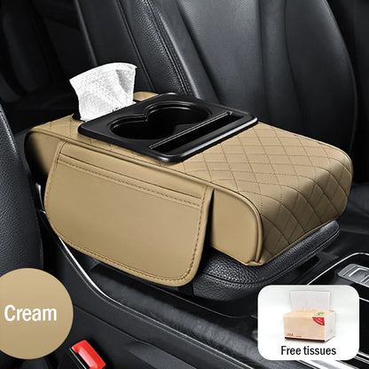 🚗Apoio de braço universal 4 em 1 em pele para automóvel ✅ Suporte para lenços embutido ✅ Suporte para copos