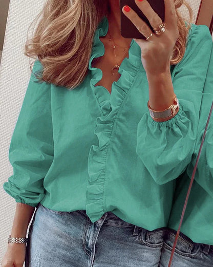 🌿✨ Blusa de Mulher – Primavera/Verão, Manga Longa, Design com Folhos, Elegante e Leve 📦