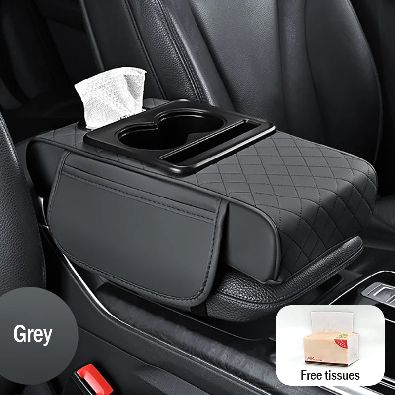🚗Apoio de braço universal 4 em 1 em pele para automóvel ✅ Suporte para lenços embutido ✅ Suporte para copos