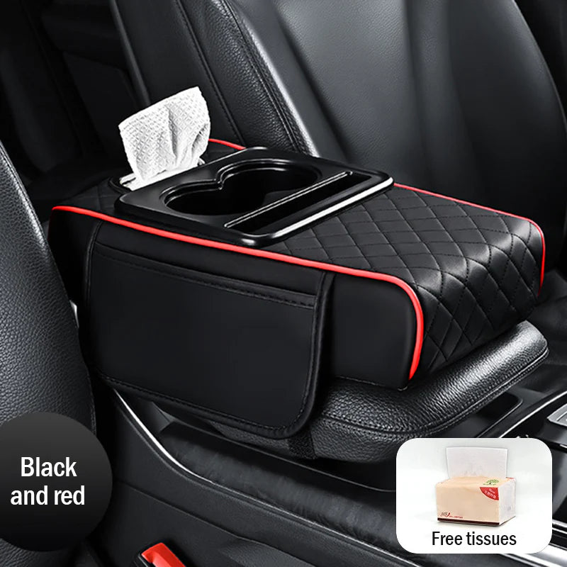 🚗Apoio de braço universal 4 em 1 em pele para automóvel ✅ Suporte para lenços embutido ✅ Suporte para copos
