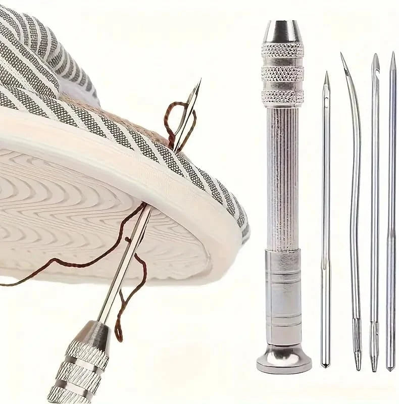🧵👞 Conjunto de agulhas de costura intercambiáveis 5 em 1 – Kit de ferramentas profissional para reparação de calçado e artesanato em pele 🛠️✨