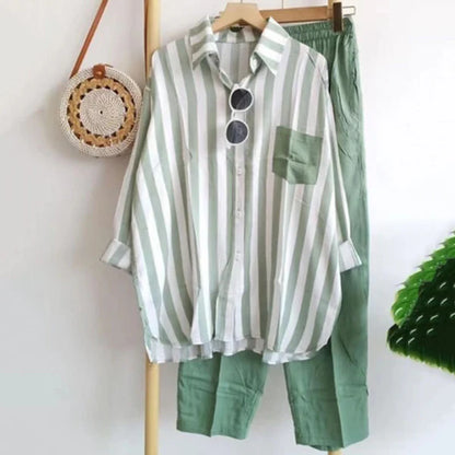🌸【Tamanhos S-5XL】Novo conjunto listrado de primavera, conjunto de duas peças com mangas compridas e calças.
