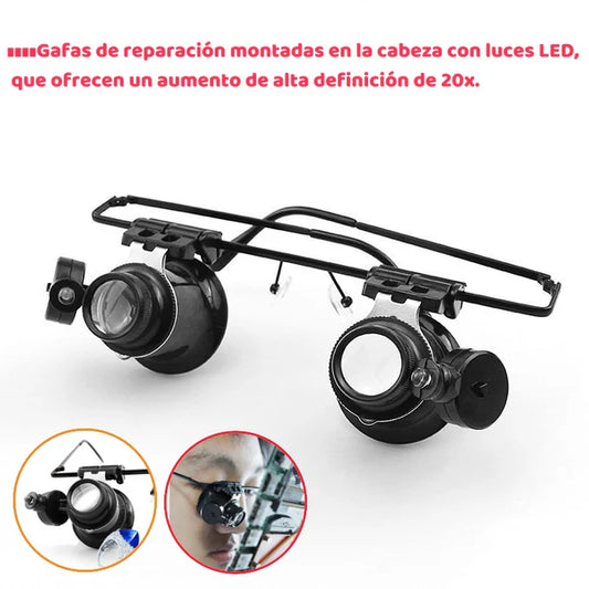 💡👓Óculos de reparação montados na cabeça com luzes LED, oferecendo uma ampliação de alta definição de 20x.