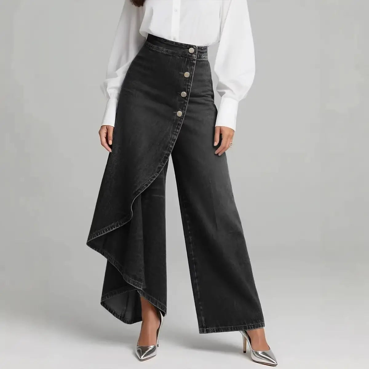 🥇🥇【Tamanhos S-3XL】Calças de ganga para mulher de cintura subida e pernas largas, corte largo e design elegante.