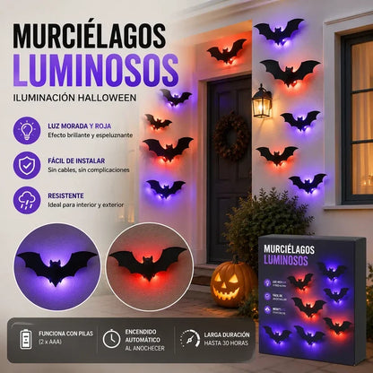 【12 peças】Decoração de parede de morcego com luzes LED 3D