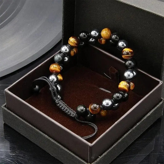 Pulseira com tripla proteção: ágata genuína olho de tigre e pedra biliar negra. O presente perfeito.