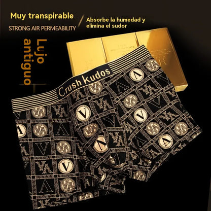 🔥【Compre 4 e Leve 4 Grátis】🚹✅💥【40-140 kg】Cueca respirável para homem em seda gelada, sem costuras e confortável, tamanhos grandes, estampado moderno