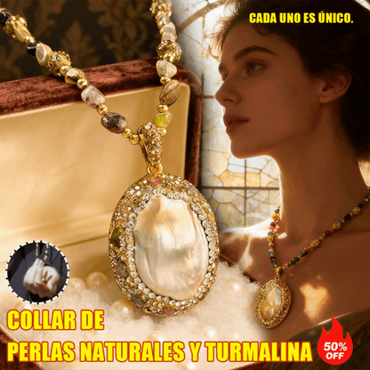 Colar barroco natural de pérolas e turmalina.