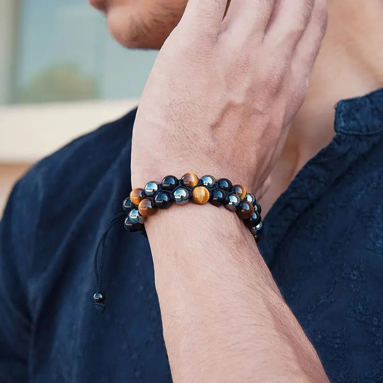 Pulseira com tripla proteção: ágata genuína olho de tigre e pedra biliar negra. O presente perfeito.