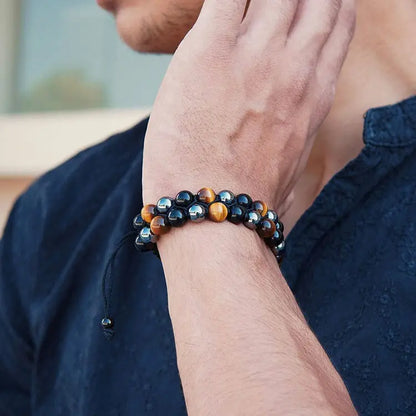 Pulseira com tripla proteção: ágata genuína olho de tigre e pedra biliar negra. O presente perfeito.