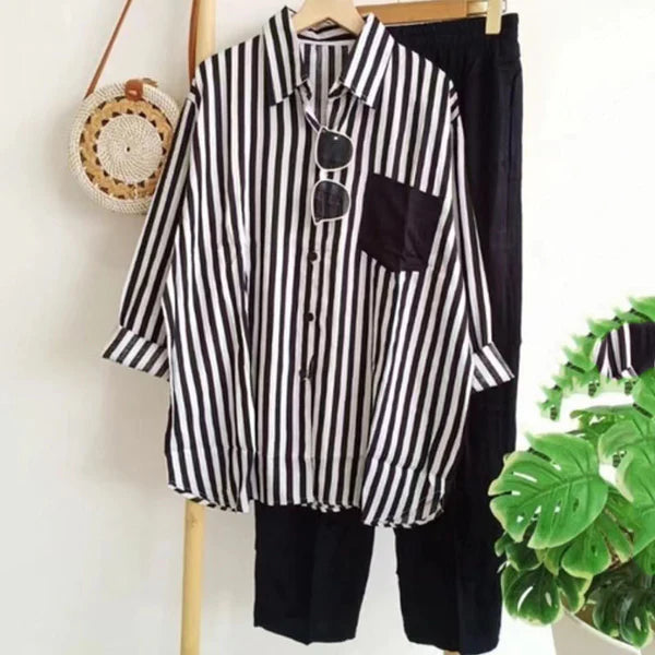 🌸【Tamanhos S-5XL】Novo conjunto listrado de primavera, conjunto de duas peças com mangas compridas e calças.