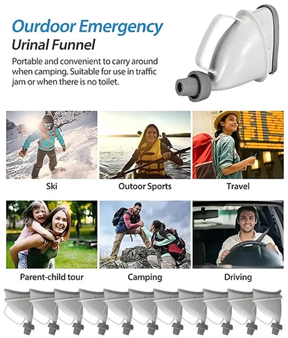Mictório portátil unissexo para emergências em viagem, com funil para utilização em acampamentos ao ar livre.
