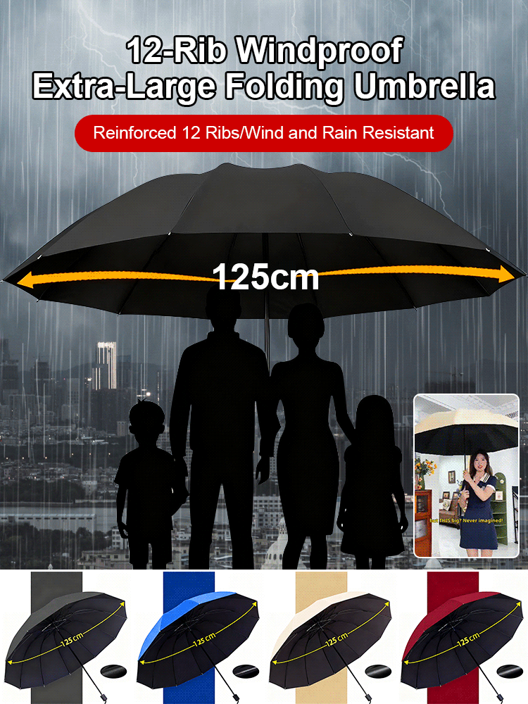 Guarda-chuva extragrande, com 12 varetas, dobrável, impermeável, resistente à neve e ao vento, grande, reforçado e ampliado para acomodar três pessoas.