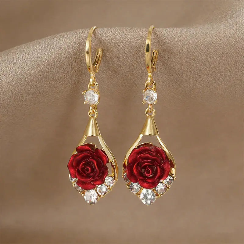 🌹✨【Conjunto de 4 peças】Brincos de rosa luxuosos e elegantes com cravação de diamantes