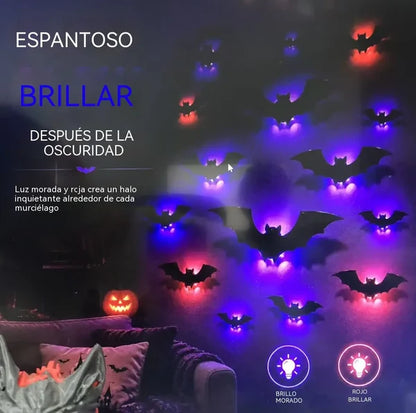 【12 peças】Decoração de parede de morcego com luzes LED 3D