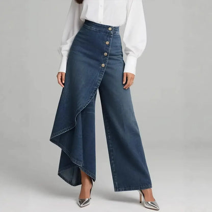 🥇🥇【Tamanhos S-3XL】Calças de ganga para mulher de cintura subida e pernas largas, corte largo e design elegante.