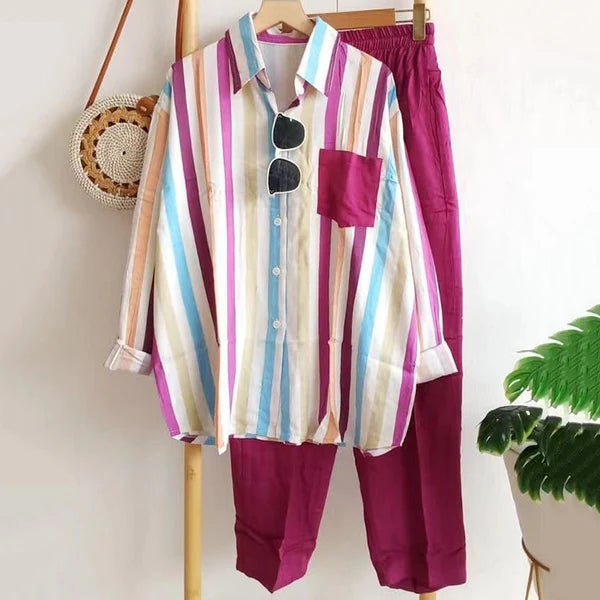 🌸【Tamanhos S-5XL】Novo conjunto listrado de primavera, conjunto de duas peças com mangas compridas e calças.