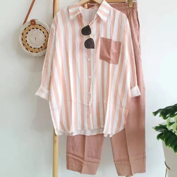 🌸【Tamanhos S-5XL】Novo conjunto listrado de primavera, conjunto de duas peças com mangas compridas e calças.