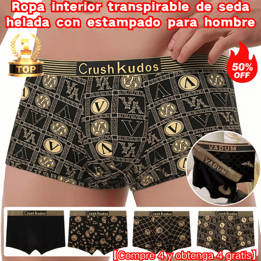 🔥【Compre 4 e Leve 4 Grátis】🚹✅💥【40-140 kg】Cueca respirável para homem em seda gelada, sem costuras e confortável, tamanhos grandes, estampado moderno