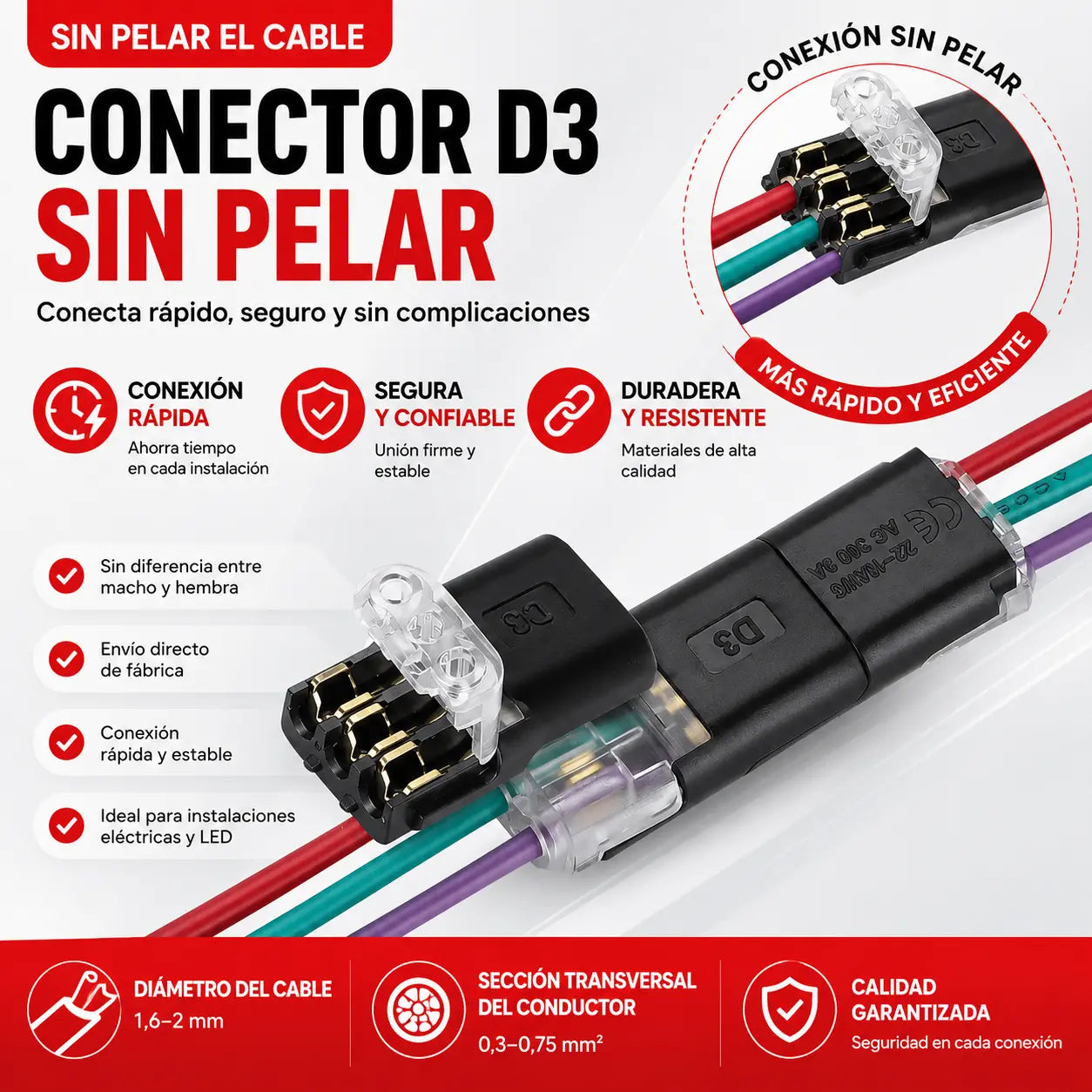 【20/40/60 peças】🏆 Conector sem soldadura e com decapagem de fios, encravamento de três fios