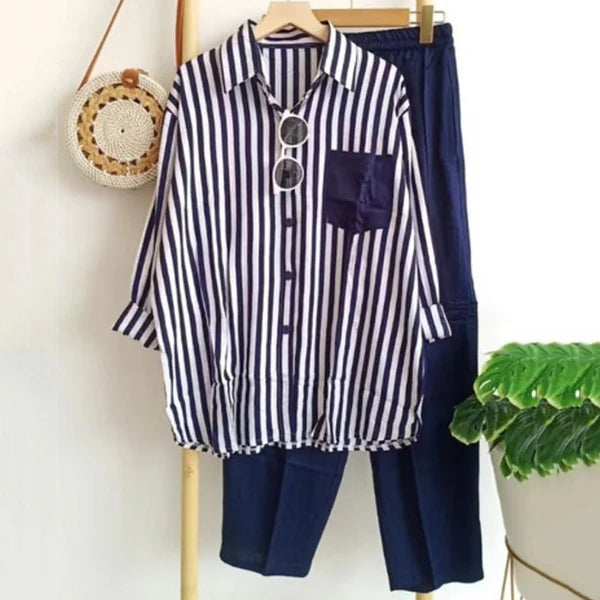 🌸【Tamanhos S-5XL】Novo conjunto listrado de primavera, conjunto de duas peças com mangas compridas e calças.
