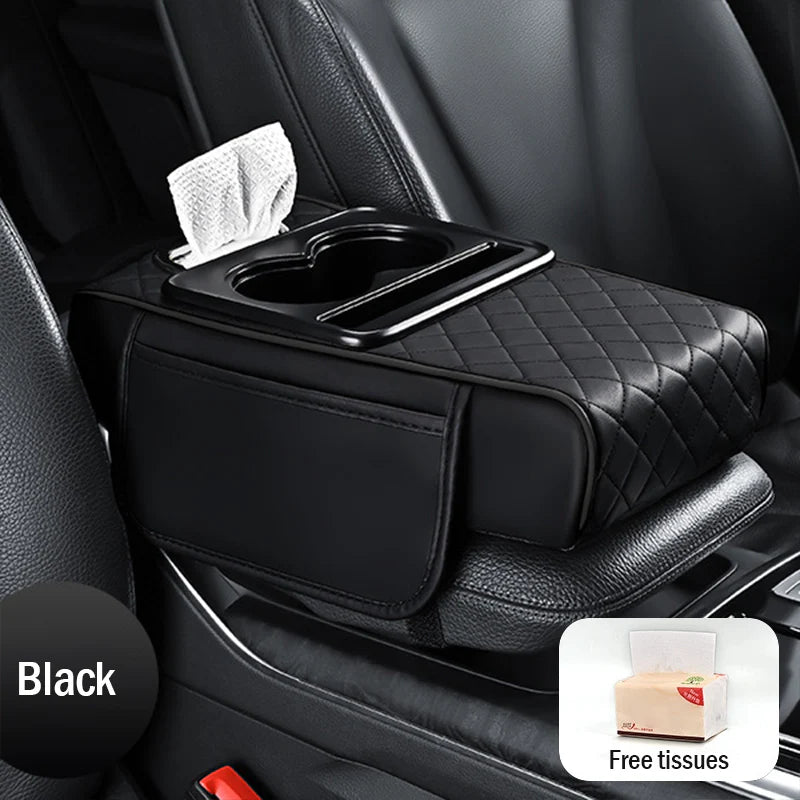 🚗Apoio de braço universal 4 em 1 em pele para automóvel ✅ Suporte para lenços embutido ✅ Suporte para copos