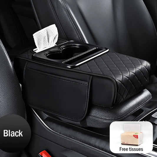 🚗Apoio de braço universal 4 em 1 em pele para automóvel ✅ Suporte para lenços embutido ✅ Suporte para copos