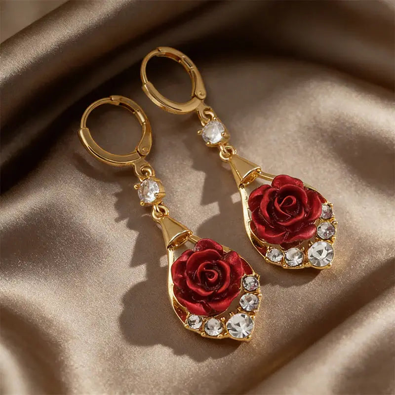 🌹✨【Conjunto de 4 peças】Brincos de rosa luxuosos e elegantes com cravação de diamantes
