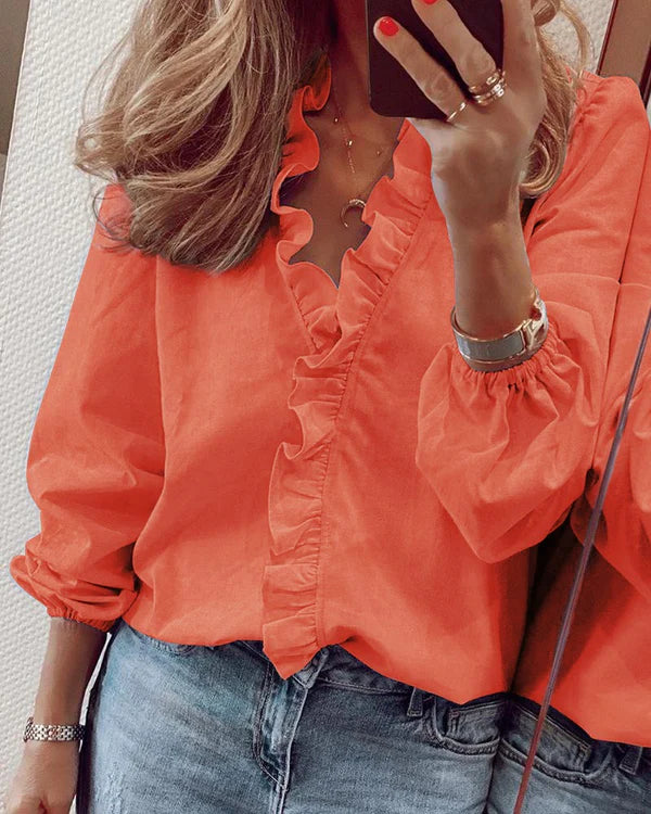 🌿✨ Blusa de Mulher – Primavera/Verão, Manga Longa, Design com Folhos, Elegante e Leve 📦