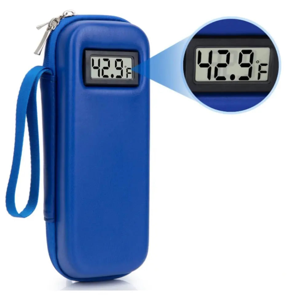 Estojo térmico para insulina com visor de temperatura.