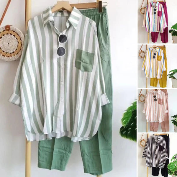 🌸【Tamanhos S-5XL】Novo conjunto listrado de primavera, conjunto de duas peças com mangas compridas e calças.