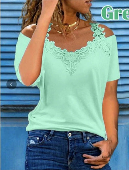 💖🌈【Tamanhos S-5XG】Nova t-shirt de manga curta com decote em V e renda, em puro algodão (modelo 2026)
