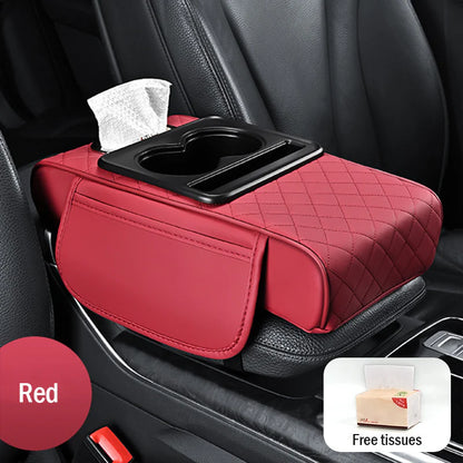 🚗Apoio de braço universal 4 em 1 em pele para automóvel ✅ Suporte para lenços embutido ✅ Suporte para copos