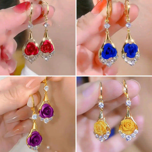 🌹✨【Conjunto de 4 peças】Brincos de rosa luxuosos e elegantes com cravação de diamantes