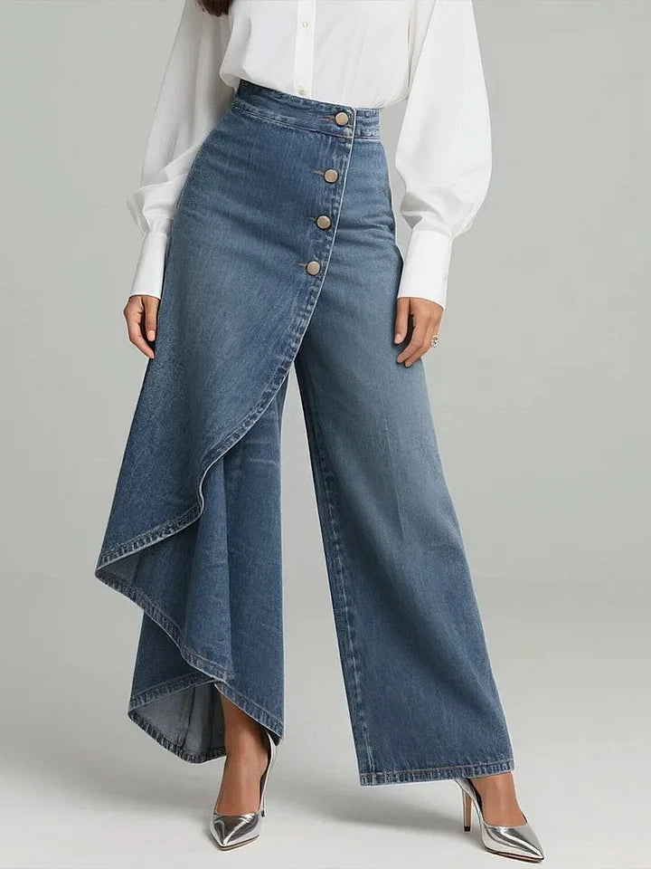 🥇🥇【Tamanhos S-3XL】Calças de ganga para mulher de cintura subida e pernas largas, corte largo e design elegante.