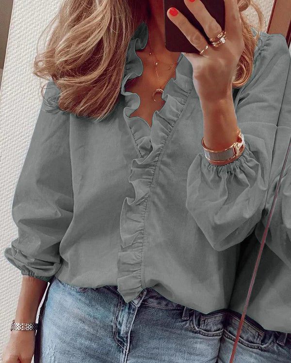 🌿✨ Blusa de Mulher – Primavera/Verão, Manga Longa, Design com Folhos, Elegante e Leve 📦
