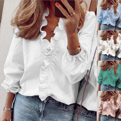 🌿✨ Blusa de Mulher – Primavera/Verão, Manga Longa, Design com Folhos, Elegante e Leve 📦