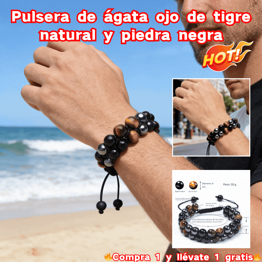 Pulseira com tripla proteção: ágata genuína olho de tigre e pedra biliar negra. O presente perfeito.
