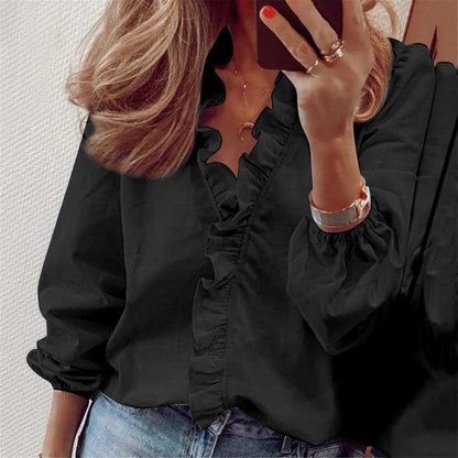 🌿✨ Blusa de Mulher – Primavera/Verão, Manga Longa, Design com Folhos, Elegante e Leve 📦
