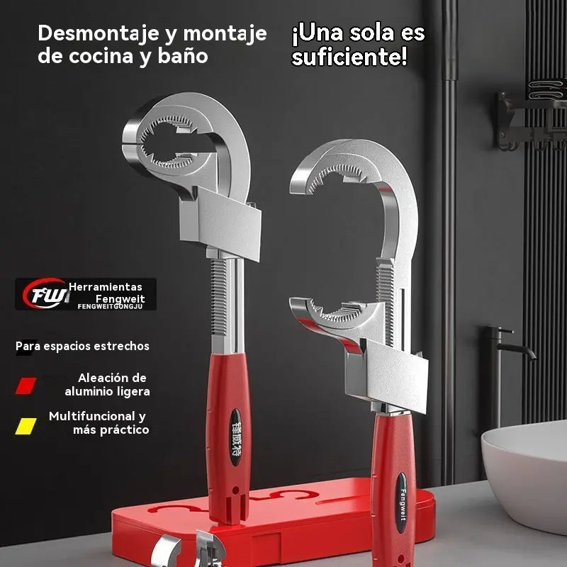 Chave multifuncional ajustável em liga de alumínio para casa de banho, chave para mangueira de torneira e chave para lavatório.