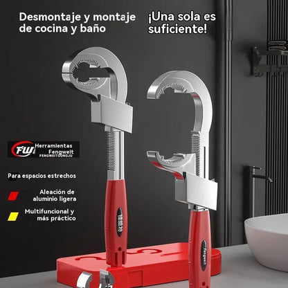 Chave multifuncional ajustável em liga de alumínio para casa de banho, chave para mangueira de torneira e chave para lavatório.