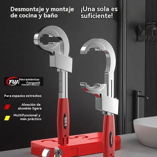 Chave multifuncional ajustável em liga de alumínio para casa de banho, chave para mangueira de torneira e chave para lavatório.
