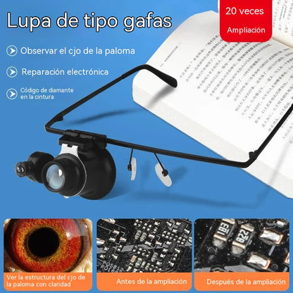 💡👓Óculos de reparação montados na cabeça com luzes LED, oferecendo uma ampliação de alta definição de 20x.