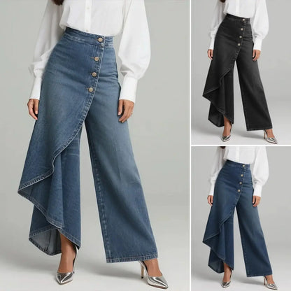 🥇🥇【Tamanhos S-3XL】Calças de ganga para mulher de cintura subida e pernas largas, corte largo e design elegante.