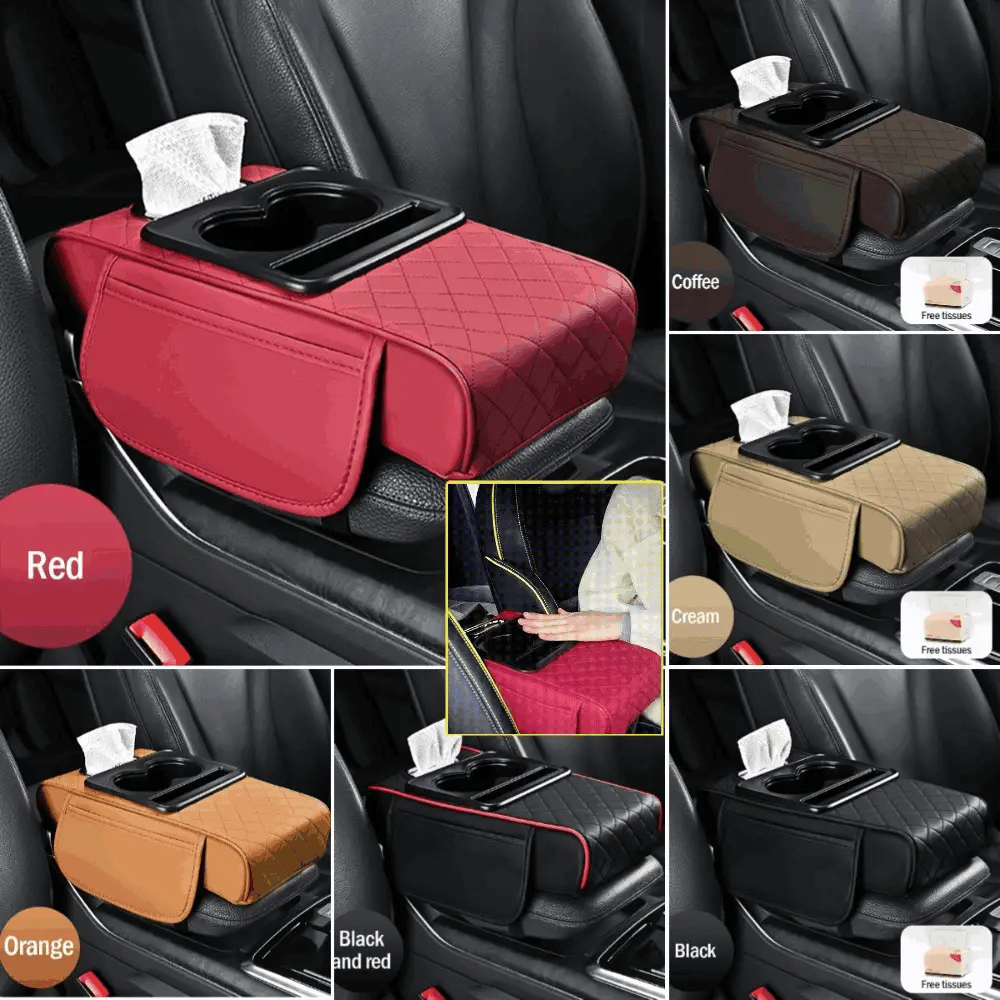 🚗Apoio de braço universal 4 em 1 em pele para automóvel ✅ Suporte para lenços embutido ✅ Suporte para copos